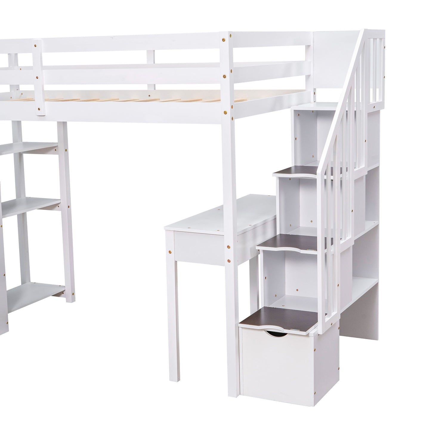 Twin Size Loft Bed With Storage Drawers, Desk And Stairs With Shelves - White
