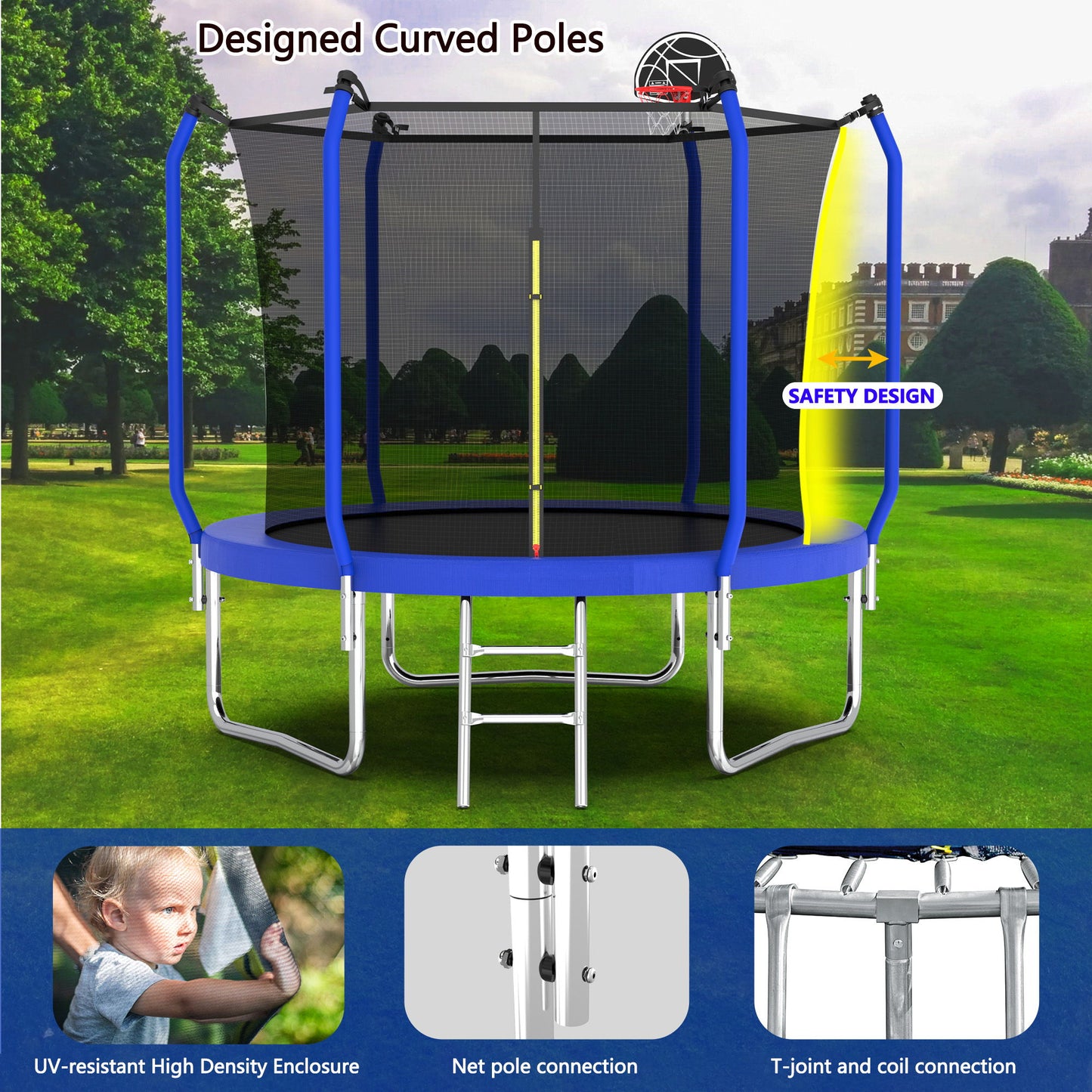 8Ft Trampoline With Basketball Hoop, Astm Approved Reinforced Type Outdoor Trampoline With Enclosure Net - Blue
