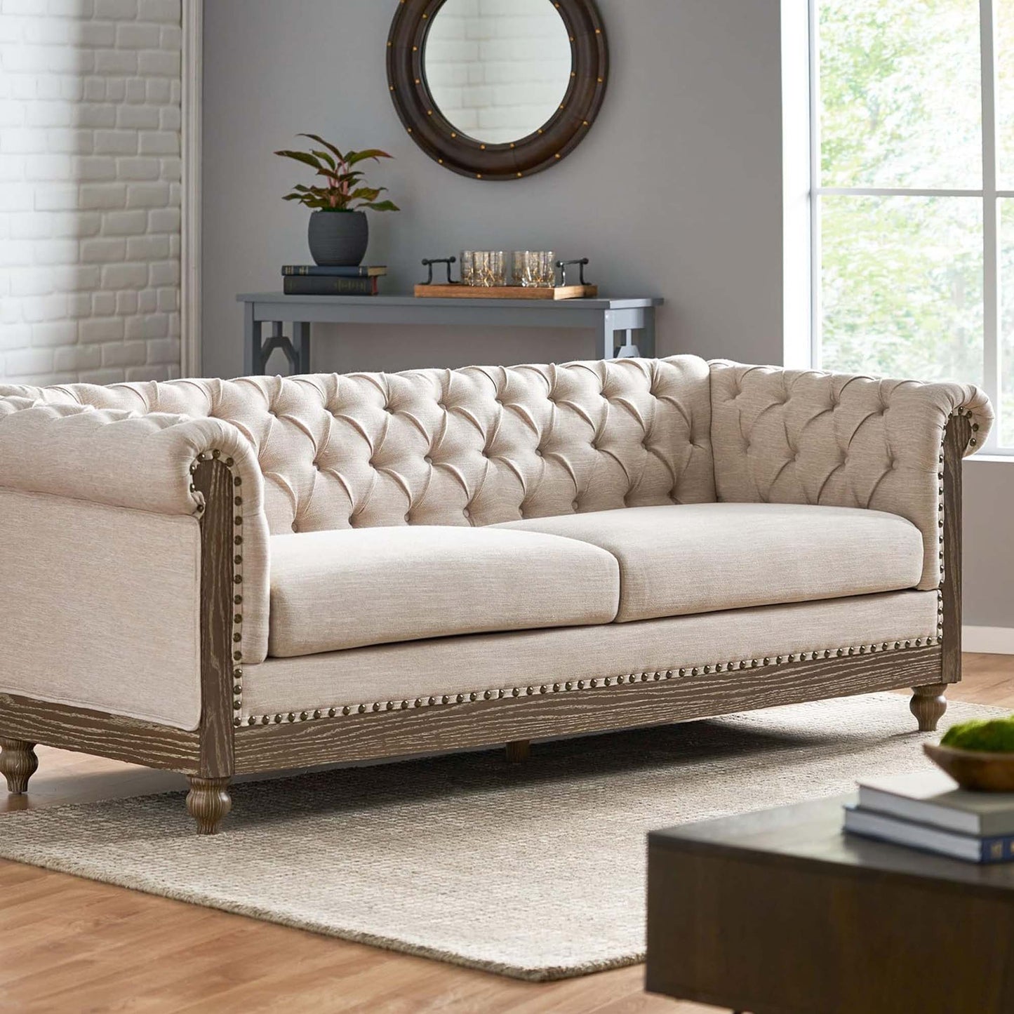 Comfy 3 Seat Sofa With Wooden Legs, Retro Style For Living Room And Study - Beige