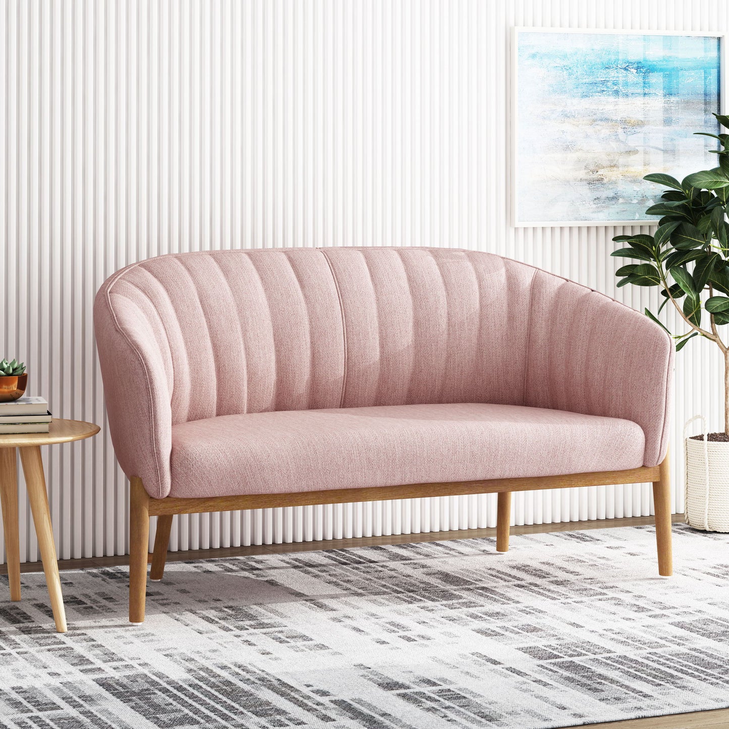 Mid Century Modern Loveseat With Channel Stitched Backrest - Blush