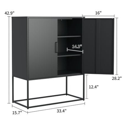Heavy Duty Metal Buffet Sideboard Modern Steel Storage Cabinet With 2 Shelves, Free Standing Accent Cabinet With Magnetic Doors For Bedroom, Kitchen, And Home Office, Anti-Tip Design - Black