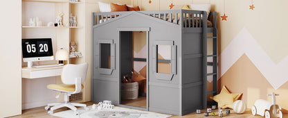 Twin Size House Loft Bed With Ladder - Gray