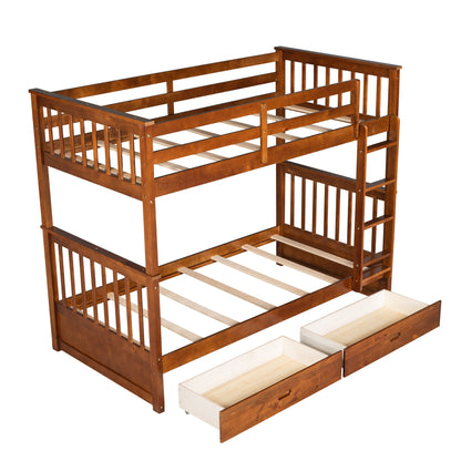 Twin Over Twin Bunk Bed With Ladders And 2 Storage Drawers - Walnut