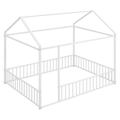 Full Size Bed House Bed Frame With Fence - White