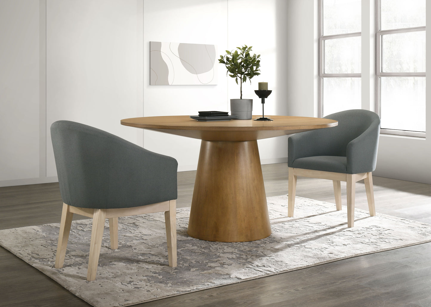 Jasper - 3 Piece Round Dining Table Set With Gray Barrel Chairs (Set of 3) - Driftwood Finish