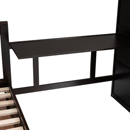 Twin Twin Over Full L Shaped Bunk Bed With 3 Drawers, Portable Desk And Wardrobe - Espresso