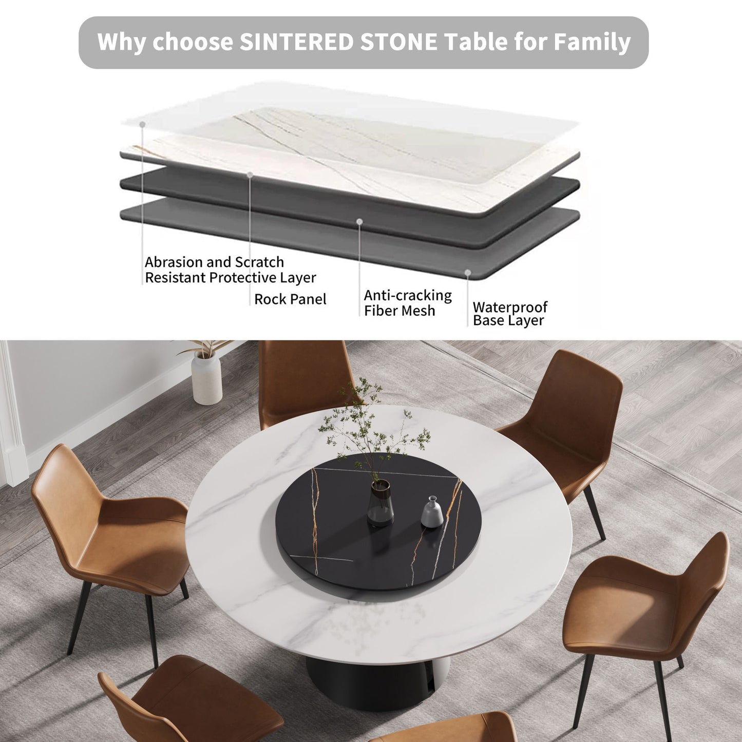 59.05" Modern Artificial Stone Round Carbon Steel Base Dining Table, Can Accommodate 6 People, Black Artificial Stone Turntable - White / Black