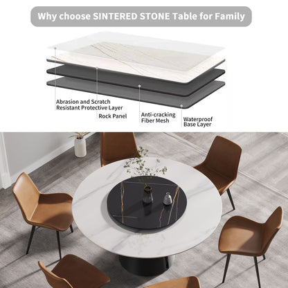 59.05" Modern Artificial Stone Round Carbon Steel Base Dining Table, Can Accommodate 6 People, Black Artificial Stone Turntable - White / Black