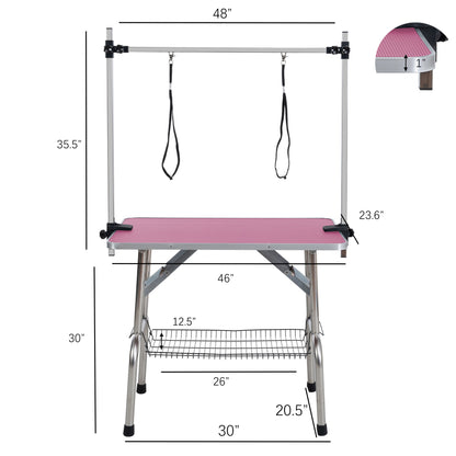 Folding Dog Pet Grooming Table Stainless Steel Frame Rubber Mat On Board With Adjustable Arm And Clamps Pet Dog Cat Grooming Table - Pink