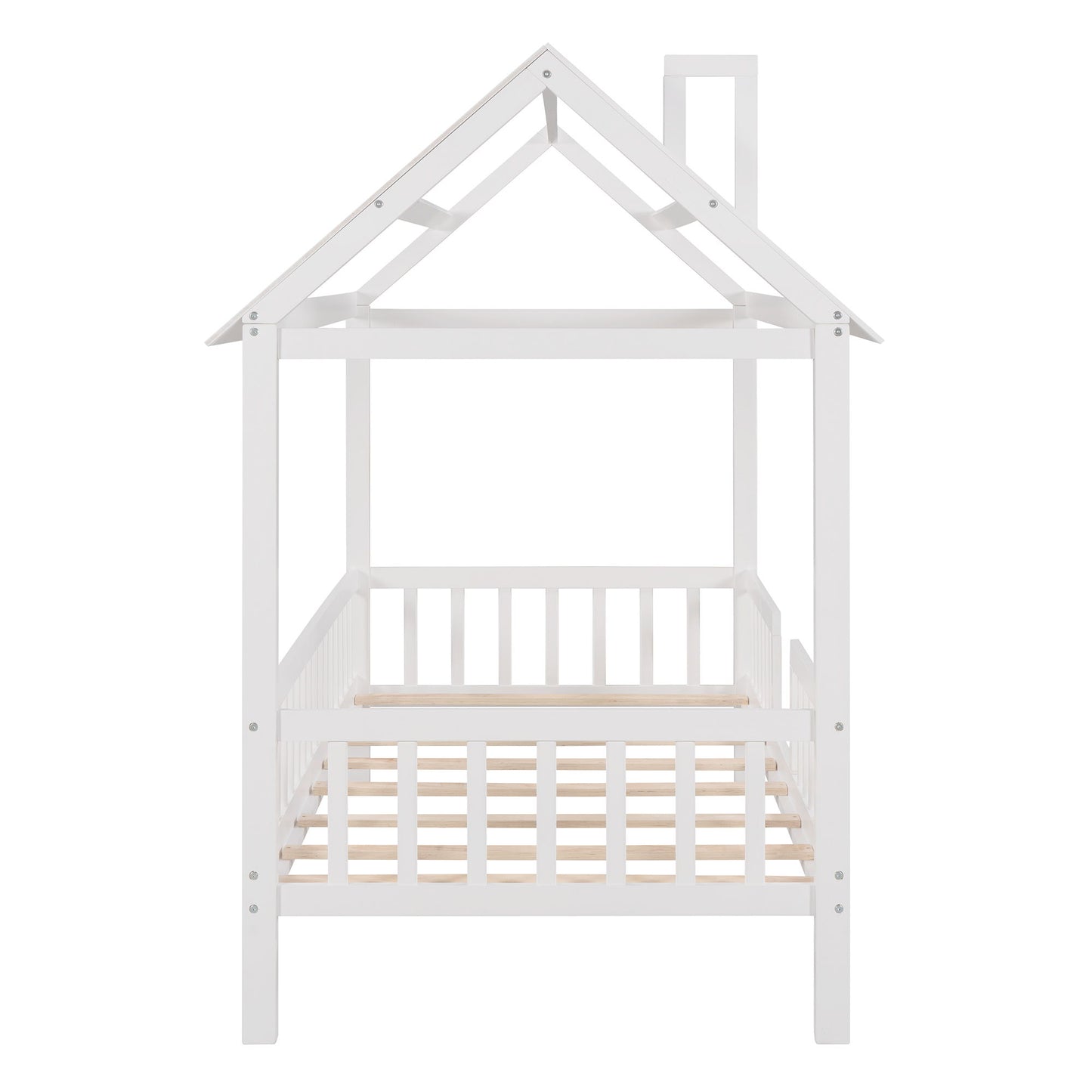 Twin Size House Bed With Fence - White
