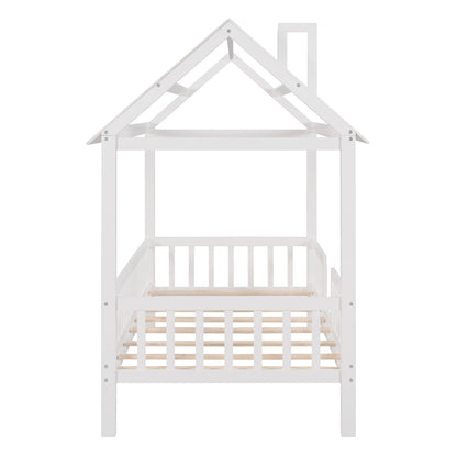 Twin Size House Bed With Fence - White