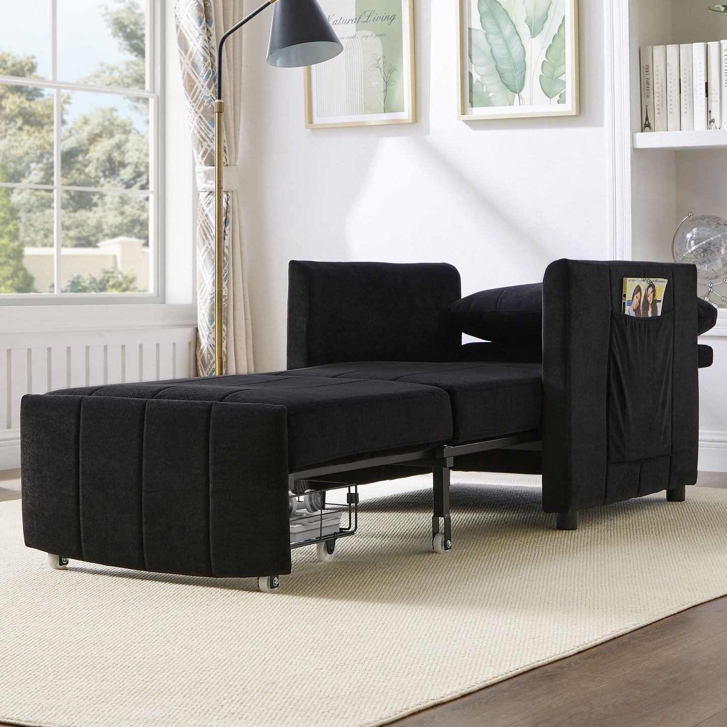 Upholstered Convertible Sleeper Sofa With 5 Position Backrest, Side Pockets, Storage - Black