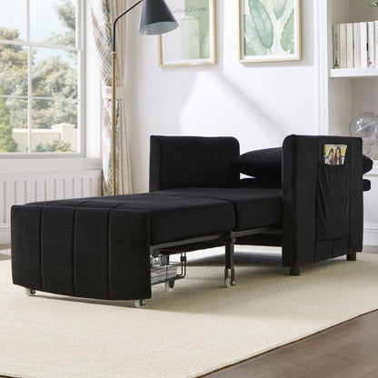 Upholstered Convertible Sleeper Sofa With 5 Position Backrest, Side Pockets, Storage - Black