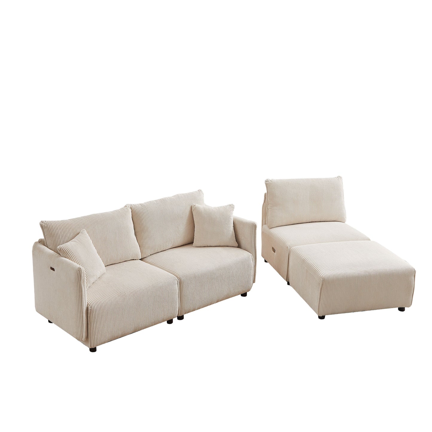 Multi Module Combination Style Sofa For Living Room And Other Lounge Spaces, Modern Minimalist Corduroy Combination Sofa With 2 Comfort Cushions With USB & C Charging Ports, 2 Sets - Beige