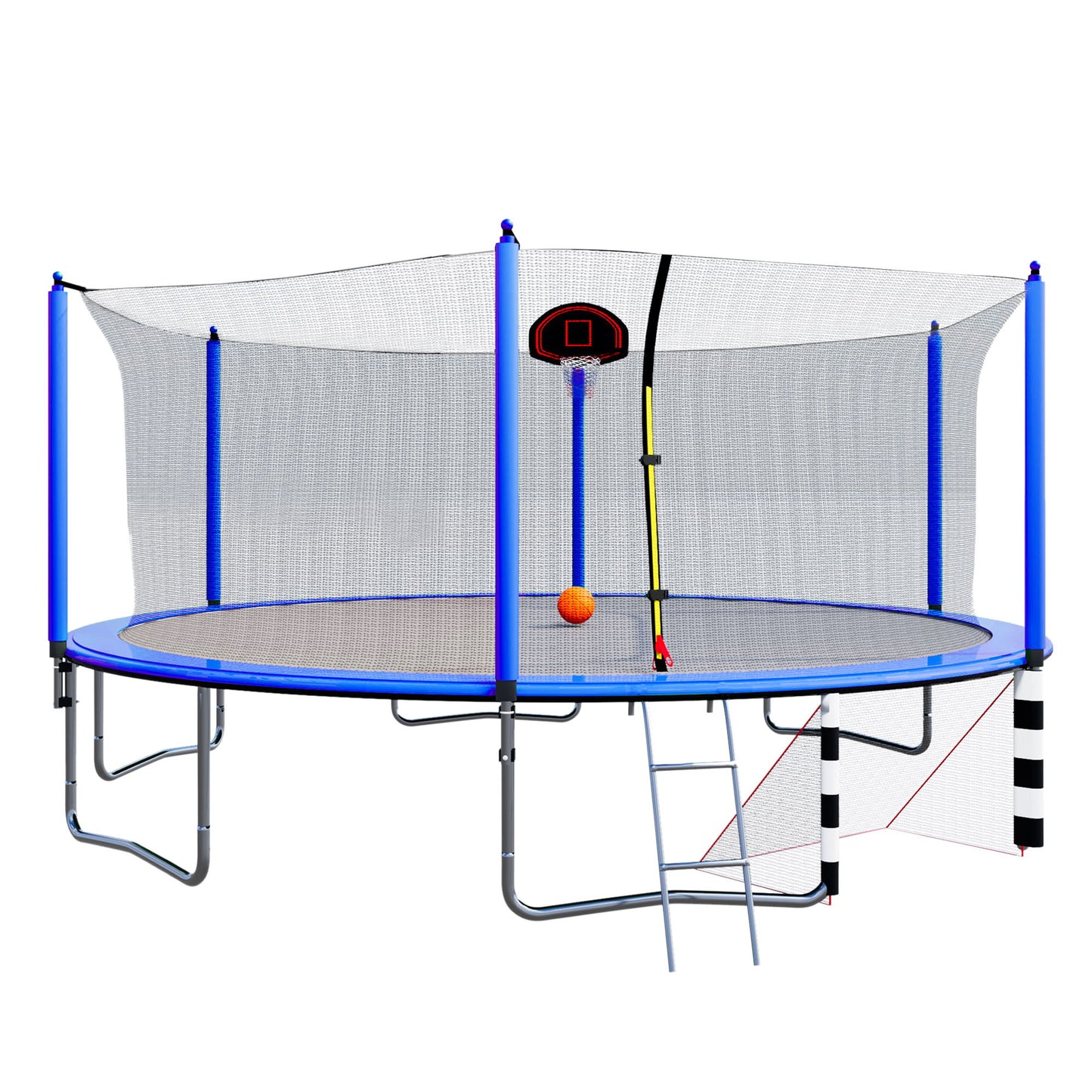 16Ft Trampoline With Basketball Hoop Pump And Ladder (Inner Safety Enclosure) With Soccer Goal - Blue