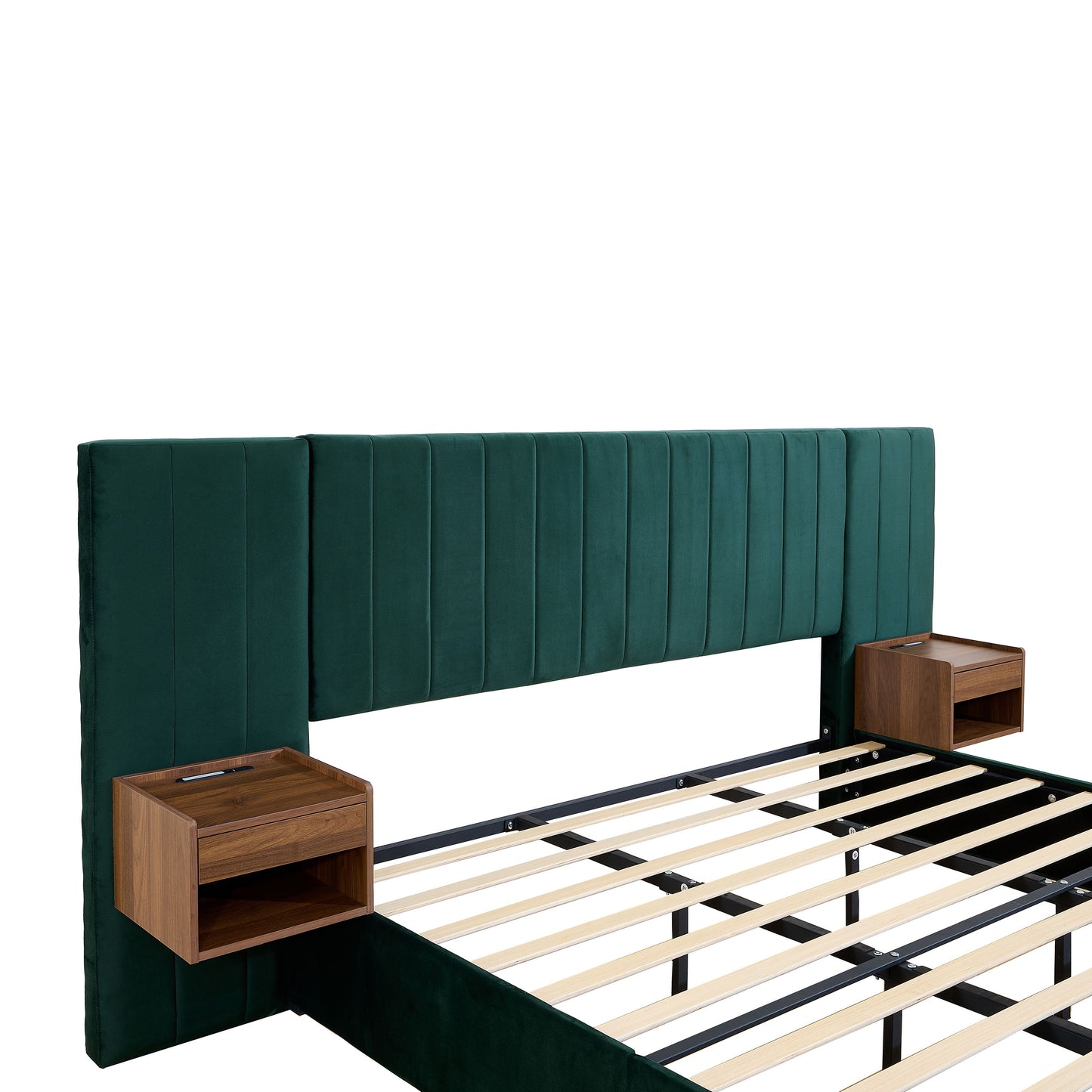 Upholstered King Size Bed Frame Of Velvet Tufted Headboard With Floating Nightstand LED / USB Built-In - Dark Green