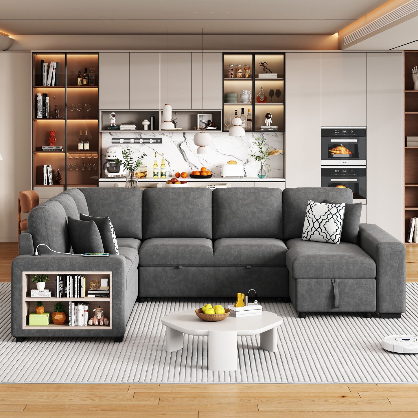 U-Shaped Sectional Sofa Pull-Out Sofa Bed With Two USB Ports, A Storage Chaise Lounge And Four Back Pillows For Living Room - Gray