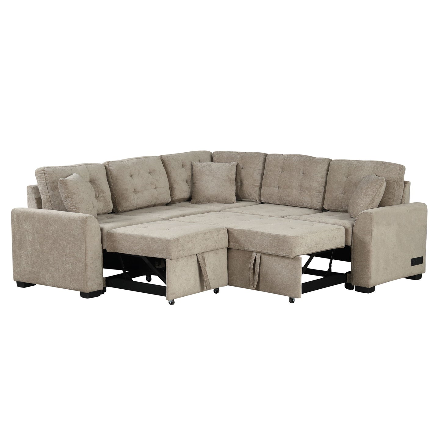 L-Shape Sofa Bed Pull-Out Sleeper Sofa With Wheels, USB Ports, Power Sockets For Living Room - Khaki