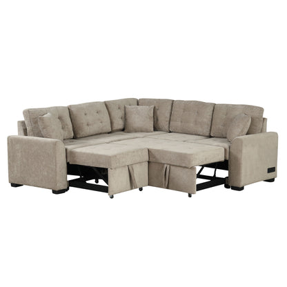 L-Shape Sofa Bed Pull-Out Sleeper Sofa With Wheels, USB Ports, Power Sockets For Living Room - Khaki