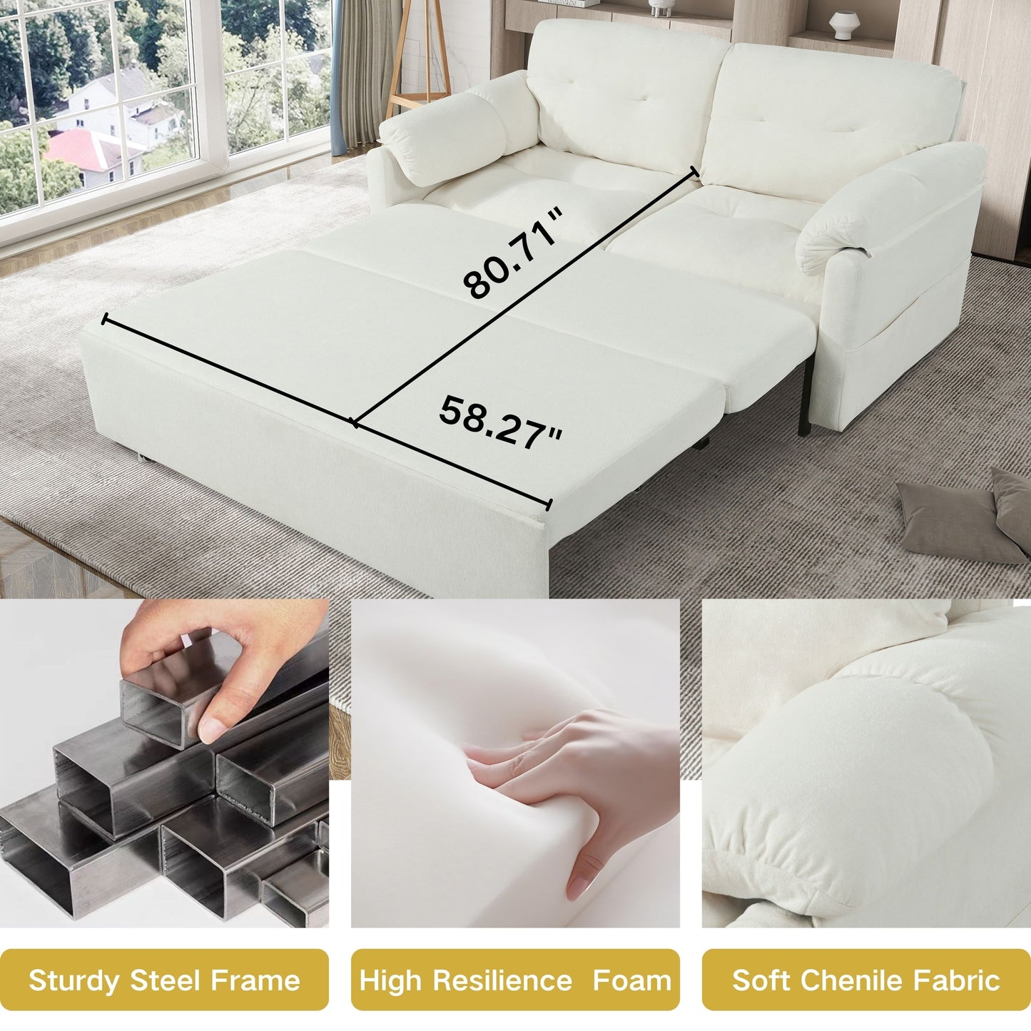 Modern Convertible Sleeper Sofa Bed With Pull Out Queen Design, Side Storage & Thick Cushions Chenille Loveseat For Living Room Or Bedroom 3 In 1 Function - Beige