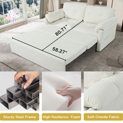 Modern Convertible Sleeper Sofa Bed With Pull Out Queen Design, Side Storage & Thick Cushions Chenille Loveseat For Living Room Or Bedroom 3 In 1 Function - Beige