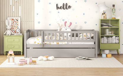 Twin Size Daybed With Trundle And Fence Guardrails - Gray