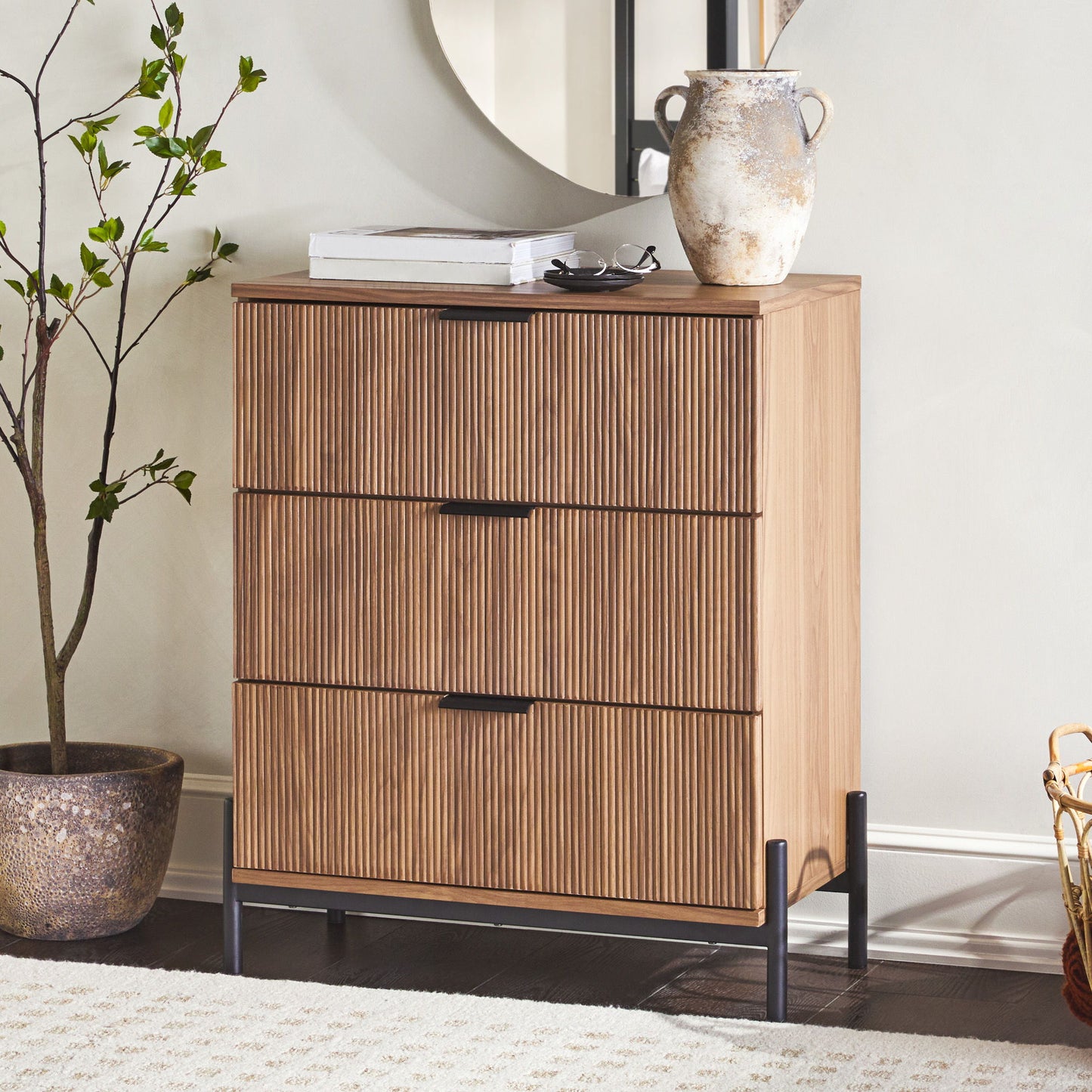 Mid-Century 3 Drawer Chest With Reeded Drawer Fronts - Mocha
