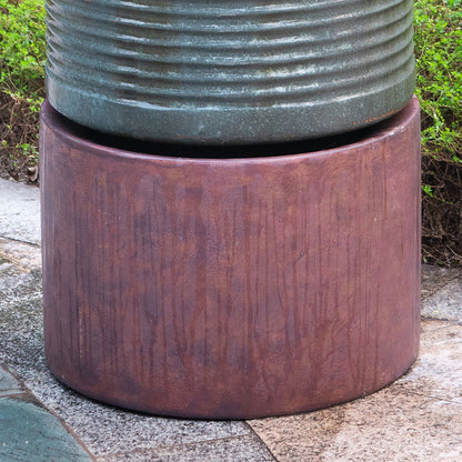 Tall Large Modern Cylinder Ribbed Tower Water Fountain With Rustic Base, Contemporary Antique Green Copper Outdoor Bird Feeder / Bath Cement Fountain - Antique Green