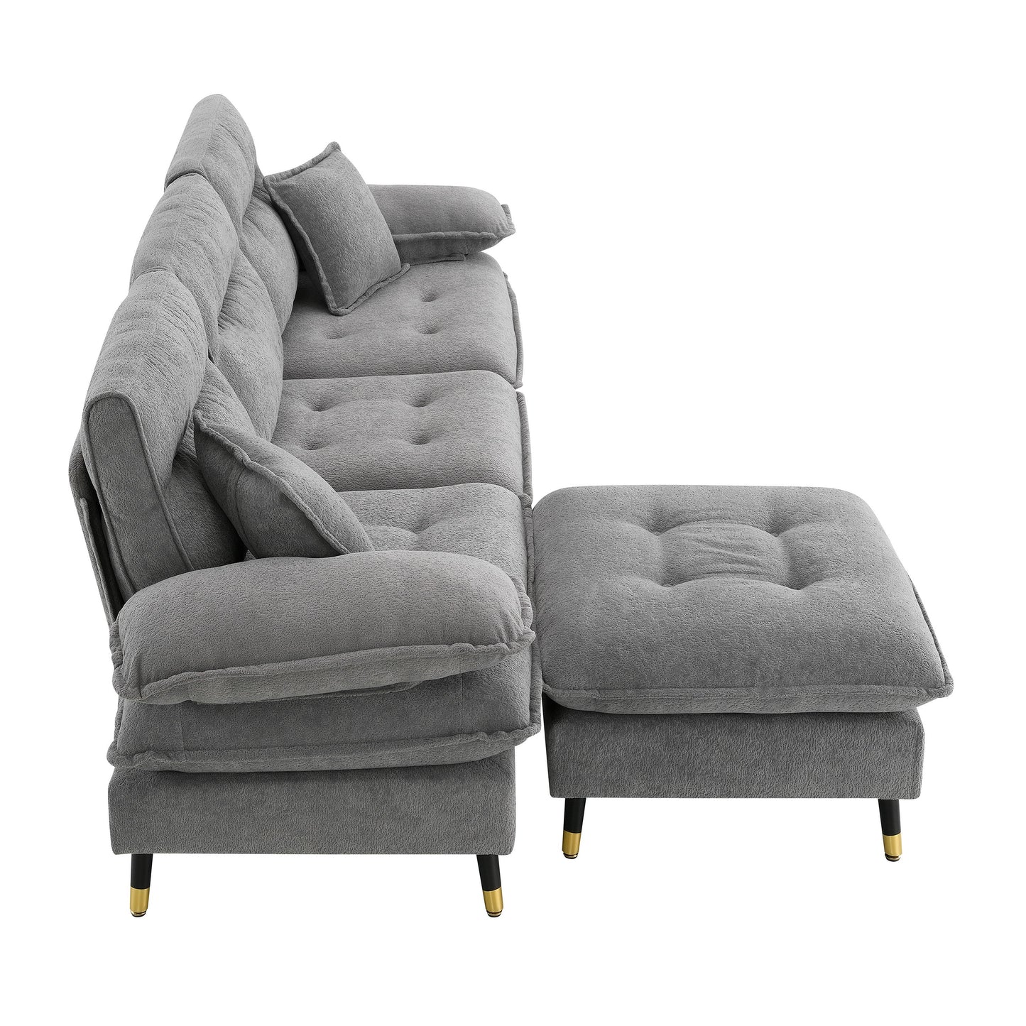 L Shaped Convertible Sectional Sofa 4 Seat Tufted Couch Set With Two Tone Adjust Legs Cloud Movable Ottoman - Gray
