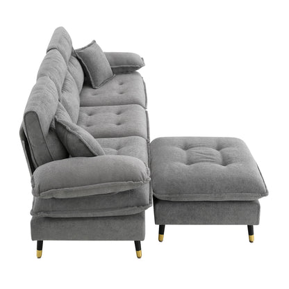 L Shaped Convertible Sectional Sofa 4 Seat Tufted Couch Set With Two Tone Adjust Legs Cloud Movable Ottoman - Gray