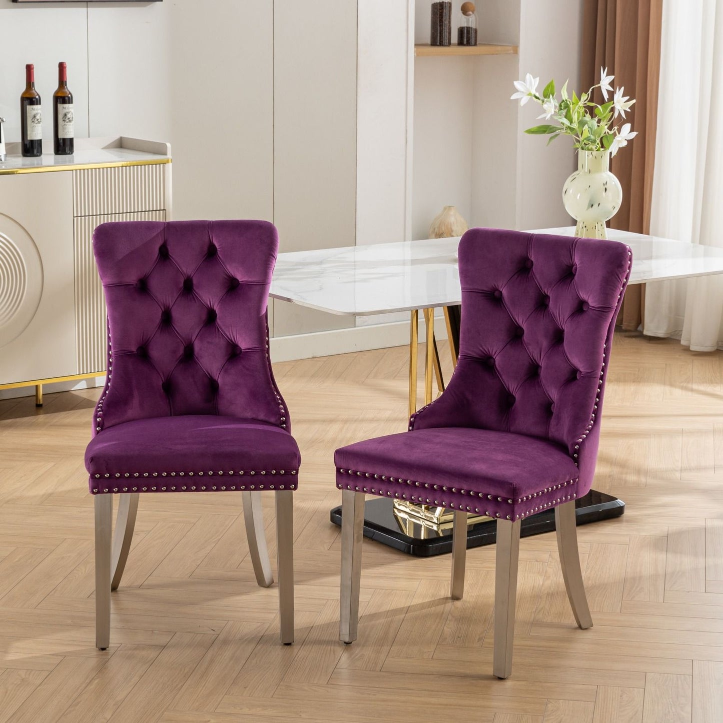 Nikki - Modern, High-End Tufted Solid Wood Contemporary Velvet Upholstered Dining Chair With Chrome Stainless Steel Plating Legs, Nailhead Trim (Set of 2) - Purple / Chrome