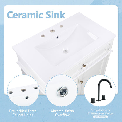 Freestanding 30" Bathroom Vanity With Sink, Soft Closing Door, Tip Out Drawer - White