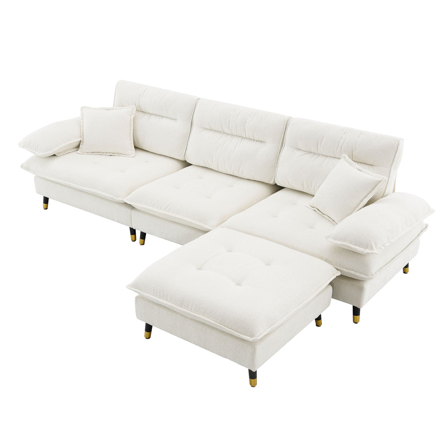 L Shaped Convertible Sectional Sofa 4 Seat Tufted Couch Set With Two Tone Adjust Legs Cloud Movable Ottoman - White