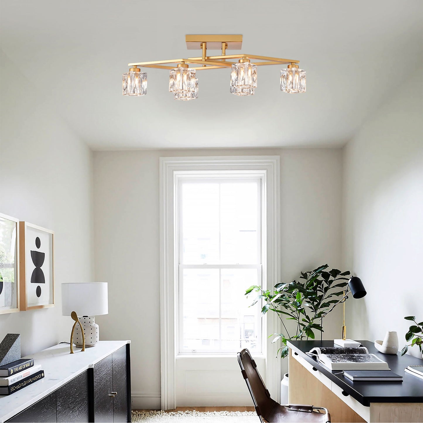 6 Light Crystal Ceiling Light For Dining Room, Modern Ceiling Lamp With Light Fixture For Entryway, Lobby, Kitchen, Bedroom, Living Room, Conference Room, (6*G9 Bulbs Included) - Gold