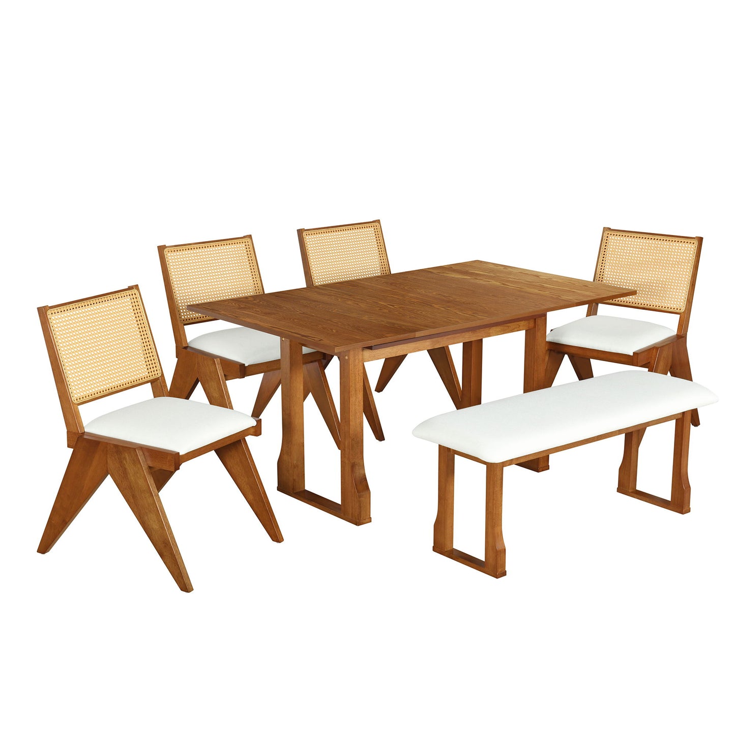 Modern 6 Piece Extendable Dining Table Set With 4 Wicker Back Upholstered Dining Chairs And Long Bench, 2 Removable Leaf - Walnut