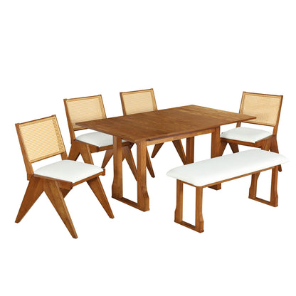Modern 6 Piece Extendable Dining Table Set With 4 Wicker Back Upholstered Dining Chairs And Long Bench, 2 Removable Leaf - Walnut