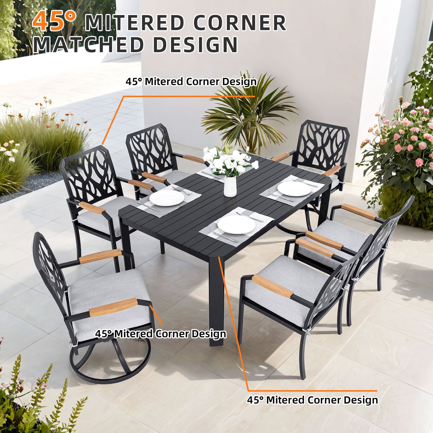 7 Pieces Outdoor Patio Furniture Set, 4 Dining Chairs & 2 Swivel Rockers Sunbrella Fabric, Rectangular Table With Umbrella Hole - Bourbon Brown