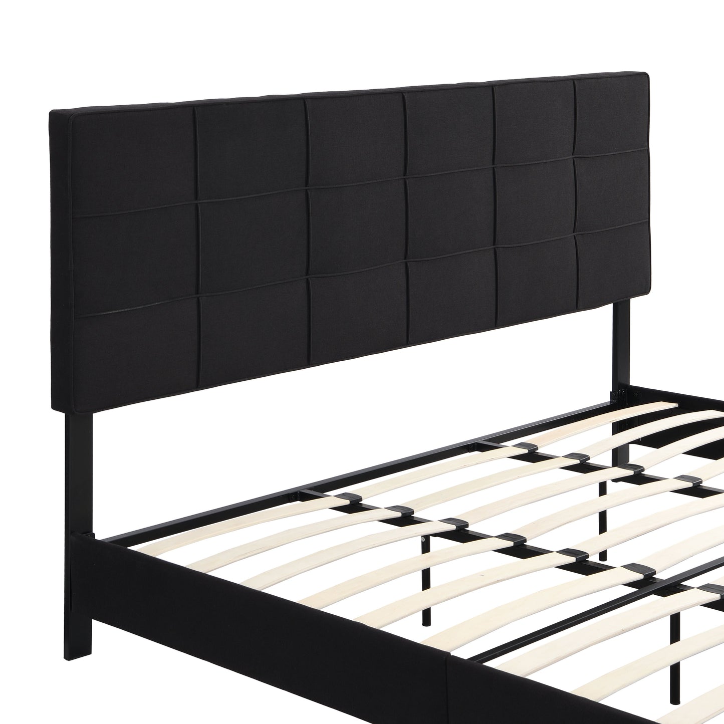 King Size Upholstered Platform Bed Frame With Linen Fabric Headboard, No Box Spring Needed, Wood Slat Support - Black