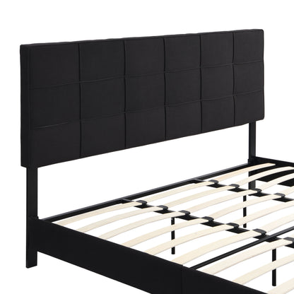 King Size Upholstered Platform Bed Frame With Linen Fabric Headboard, No Box Spring Needed, Wood Slat Support - Black