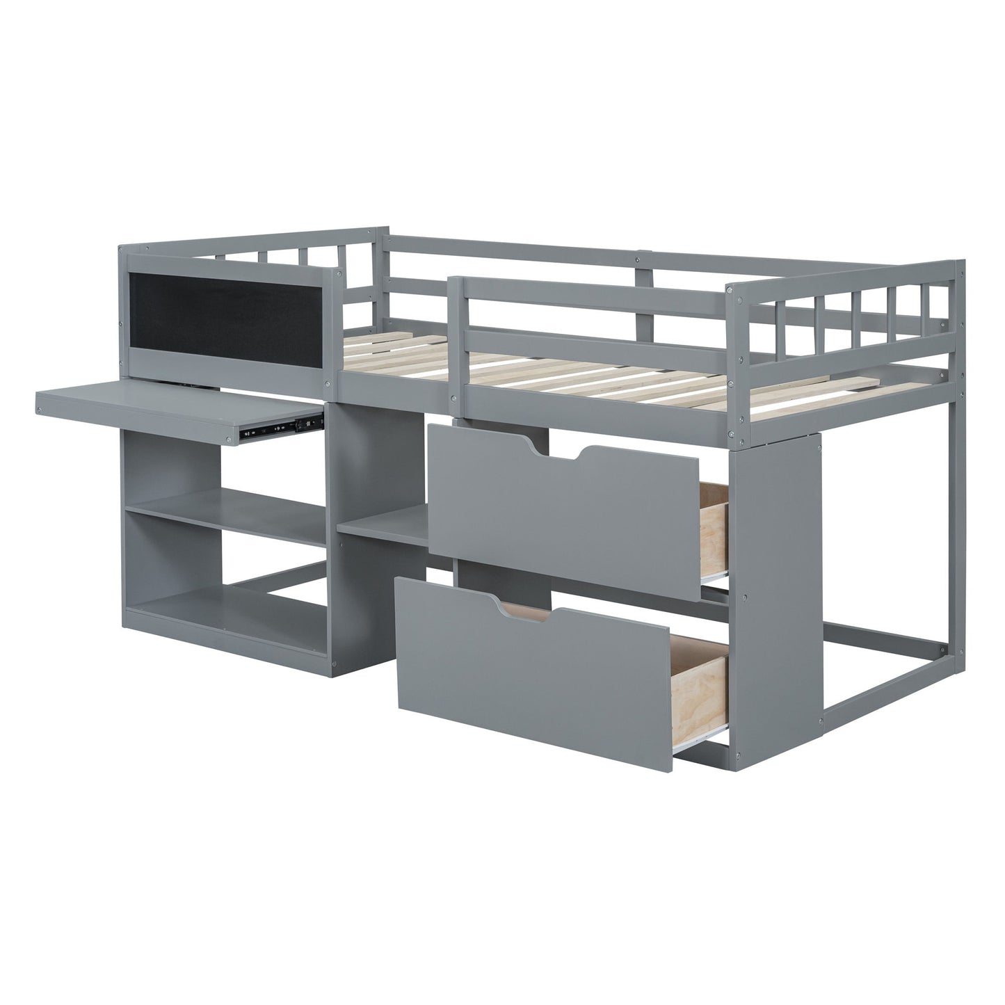 Twin Size Low Loft Bed With Rolling Desk, Shelf And Drawers - Gray
