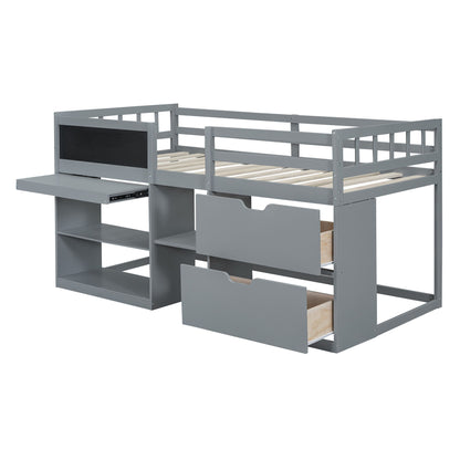 Twin Size Low Loft Bed With Rolling Desk, Shelf And Drawers - Gray