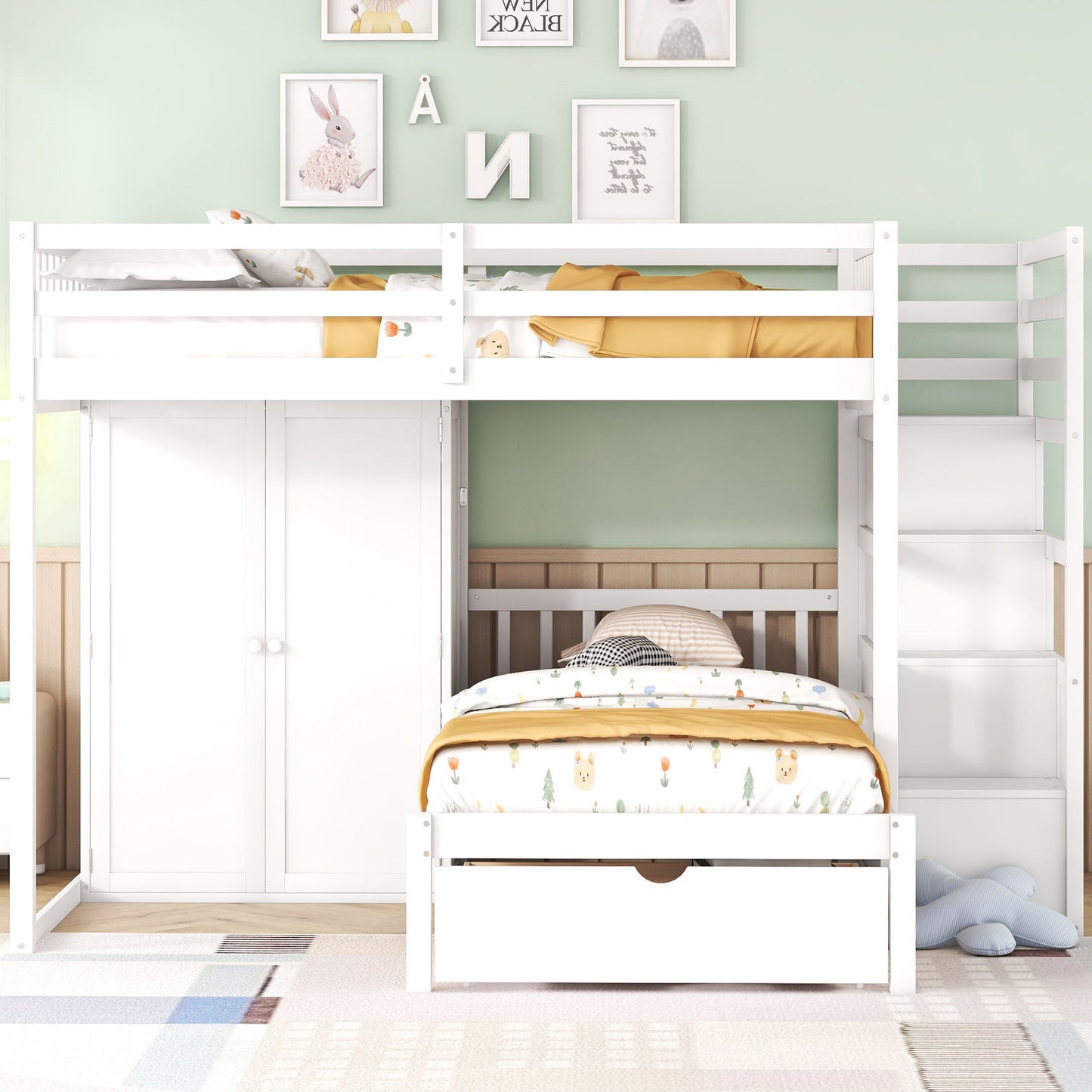 Full Over Twin Bunk Bed With Wardrobe, Drawers - White