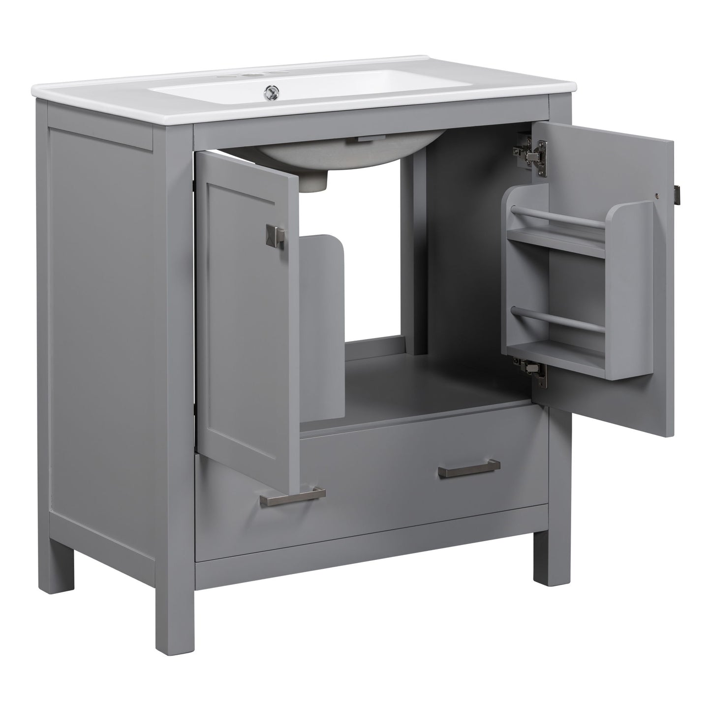 Bathroom Vanity With Single Sink, Combo Cabinet Undermount Sink, Bathroom Storage Cabinet With Two Doors And A Drawer, Soft Closing, Multifunctional Storage, Solid Wood Frame - Gray