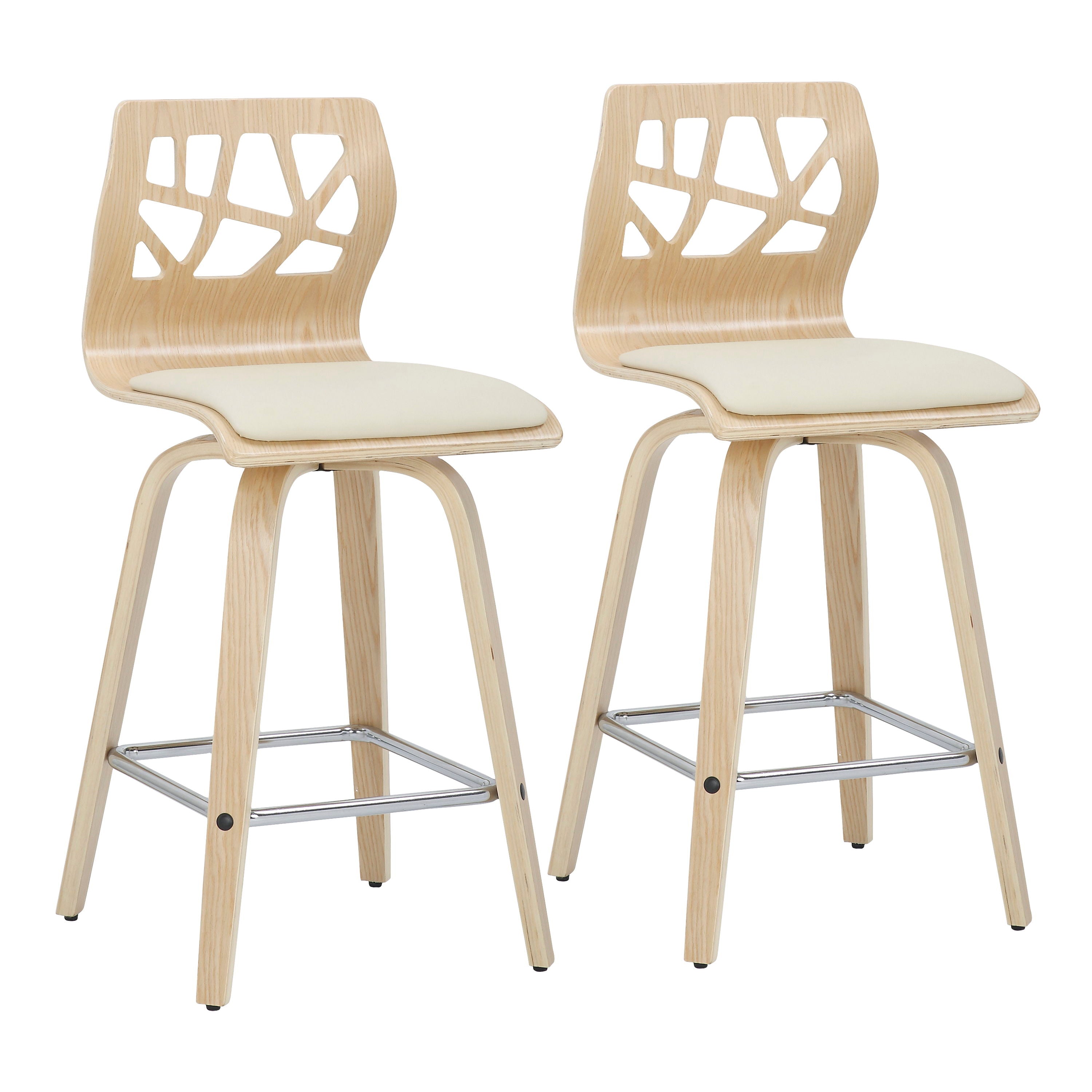 Folia - Mid-Century Modern Counter Stool With Footrest (Set of 2) - Natural / Cream / Chrome