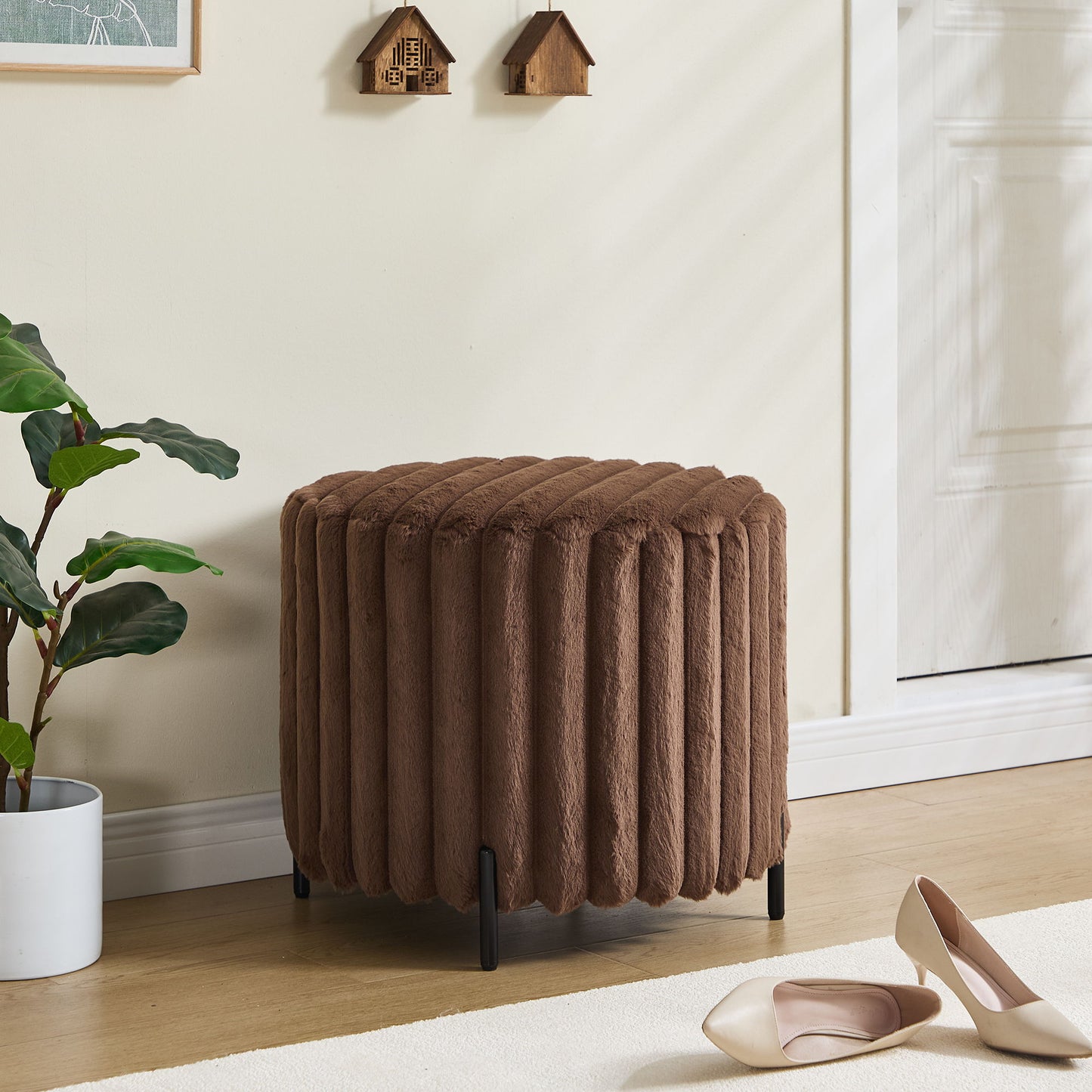 Upholstered Round Pouf Ottoman Foot Rest With Black Metal Legs - Brown