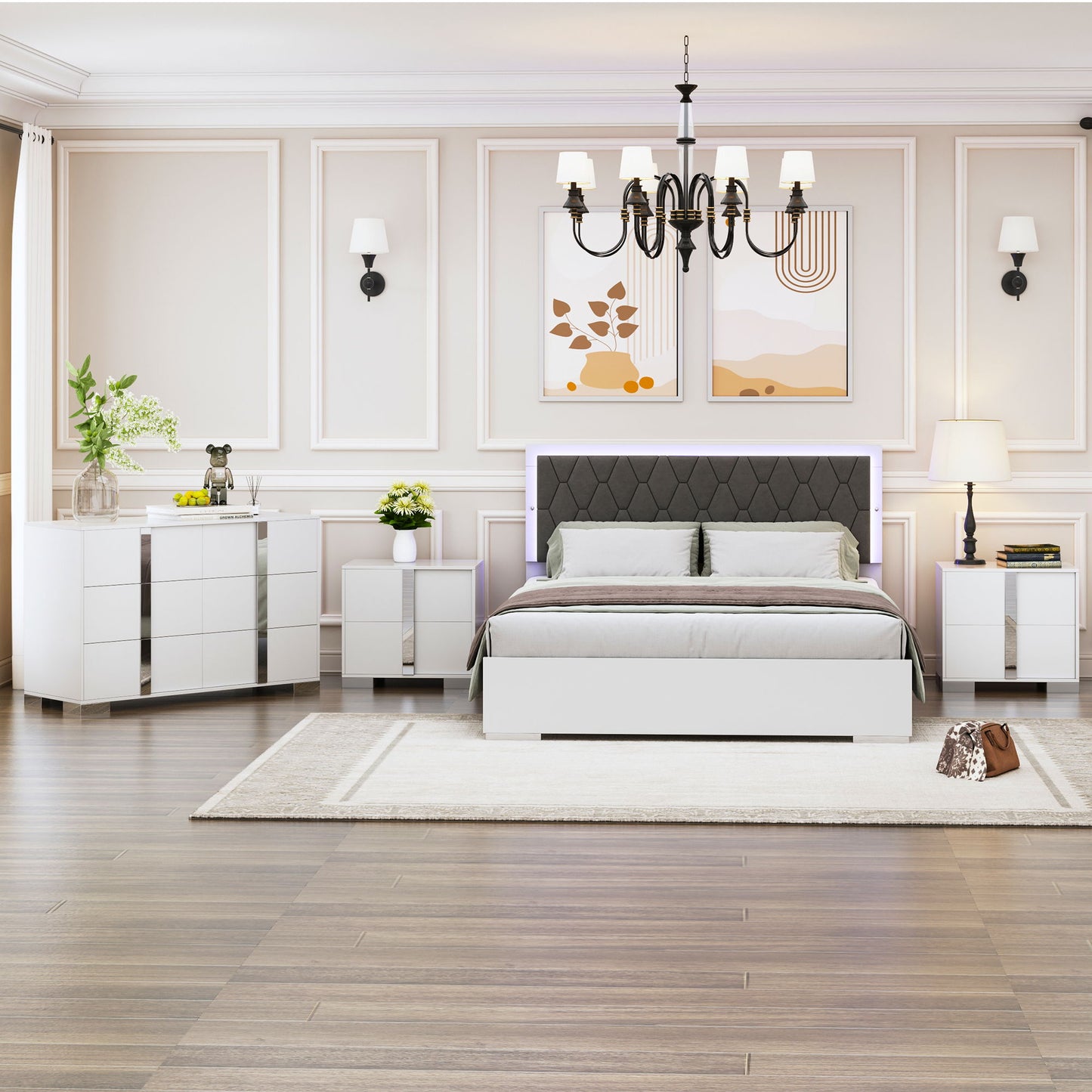 4 Piece Bedroom Sets Queen Size Upholstered Bed With LED Lights, Mirrored Nightstands And Dresser With Metal Handles And Legs - White