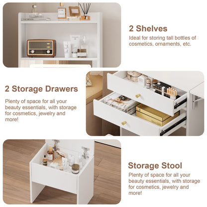 Contemporary Small Space Vanity Table Set With Adjustable Lighted Mirror And Storage Chair - White