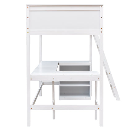 Twin Size Loft Bed With Shelves With Desk - White