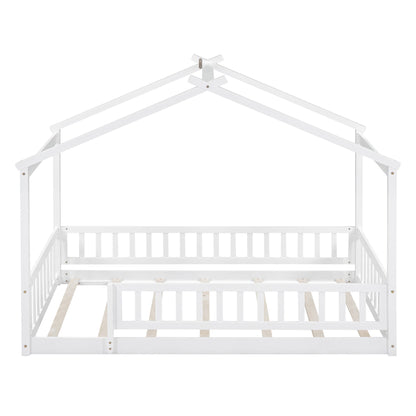 Twin Size Bed House Bed Frame & Fence - White