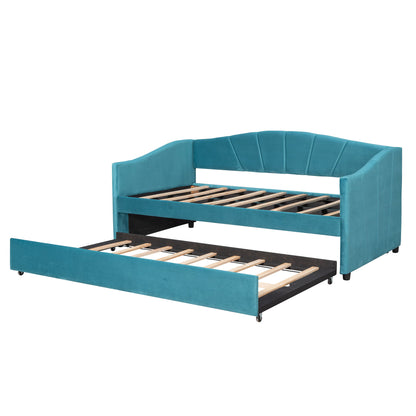 Twin Size Upholstered Daybed Sofa Bed With Trundle And Slat - Blue